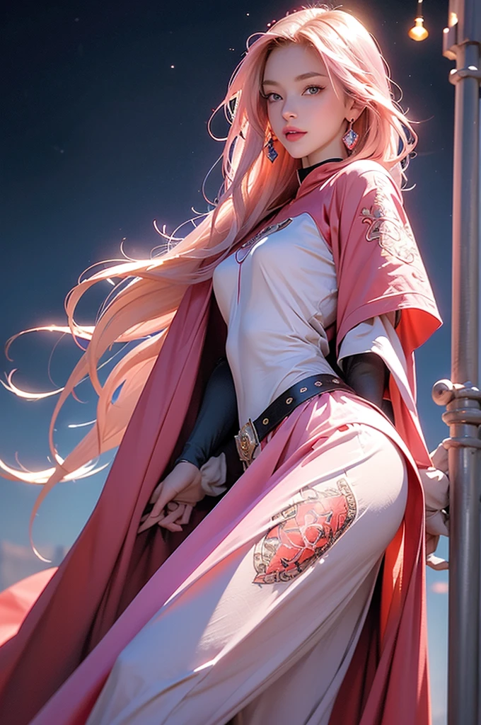 Reality, high resolution, 1 female, Shiny skin, Solitary, Hips up, Tattoo, Jewelry, Pink lips, Pink long hair, blue eyes, Shut up, castle, fully armed, Red Armor, cloak,