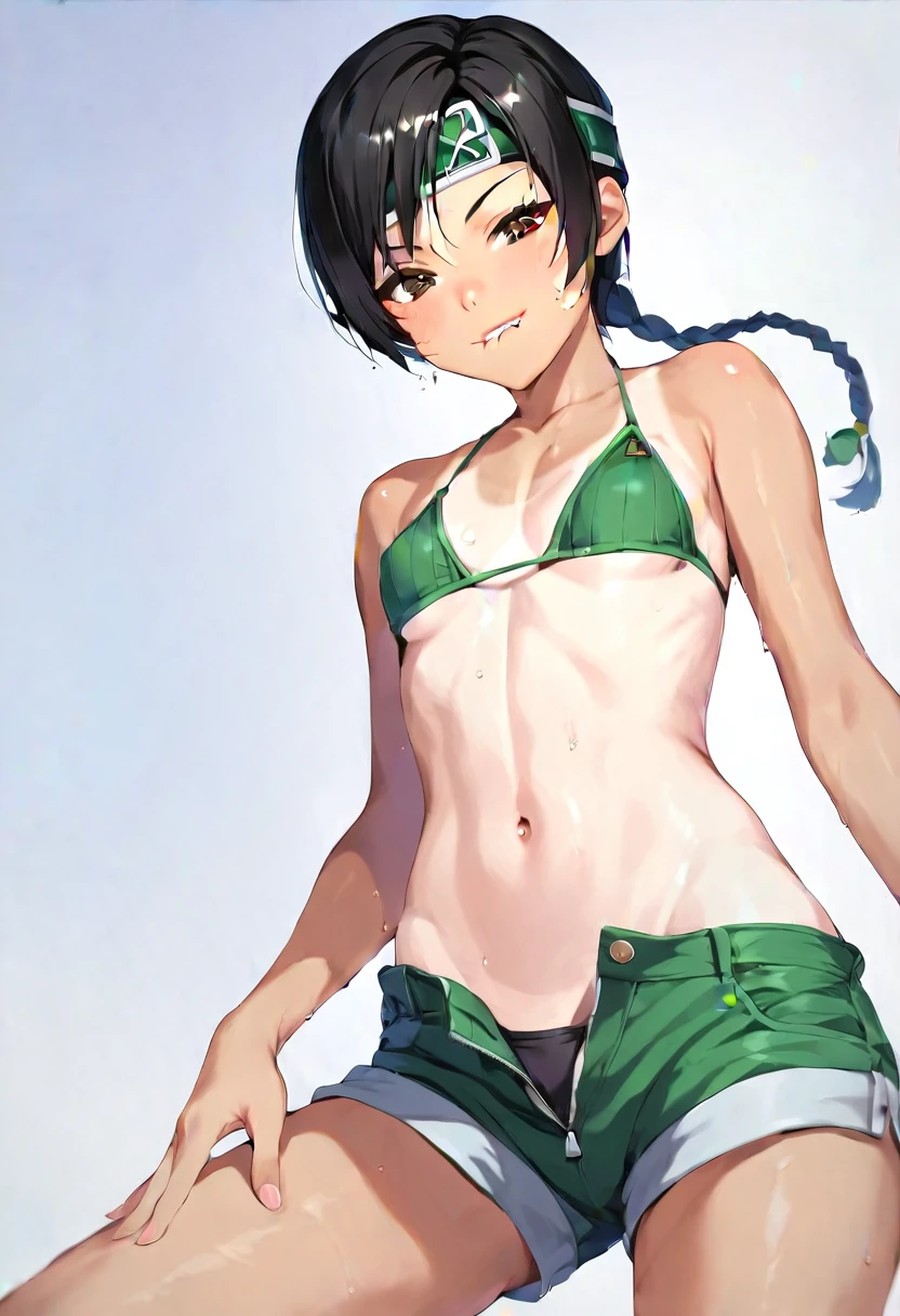 score_9, score_8_up, score_7_up, score_6_up, score_5_up, score_4_up, highest_quality, masterpiece, yuffie kisaragi, midriff, tan short shorts, small breasts, black bikini, shorts unzipped, tan, bikini tanlines, pulling shorts down, biting lip, sweaty, shiny skin, black clothing, black hair, brown eyes, headband over one eye