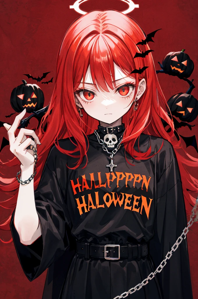 16-year-old punk girl, six heads tall, red hair, black and white outfit, chains, skulls, spooky cute, dark red background, manga style, gothic, edgy, black halo, charming expression, illustration, Halloween vibes, clear outlines, Halloween logos, designed text, stylish poster appearance