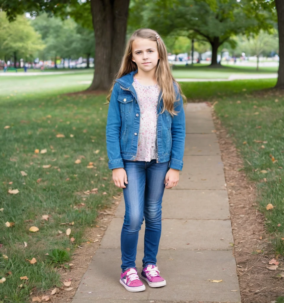 10 year old white girl, full body, Standing, in the park 