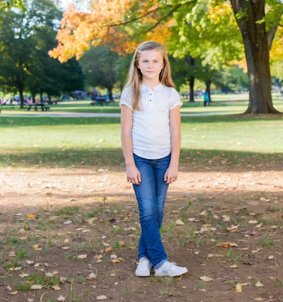 10 year old white girl, full body, Standing, in the park