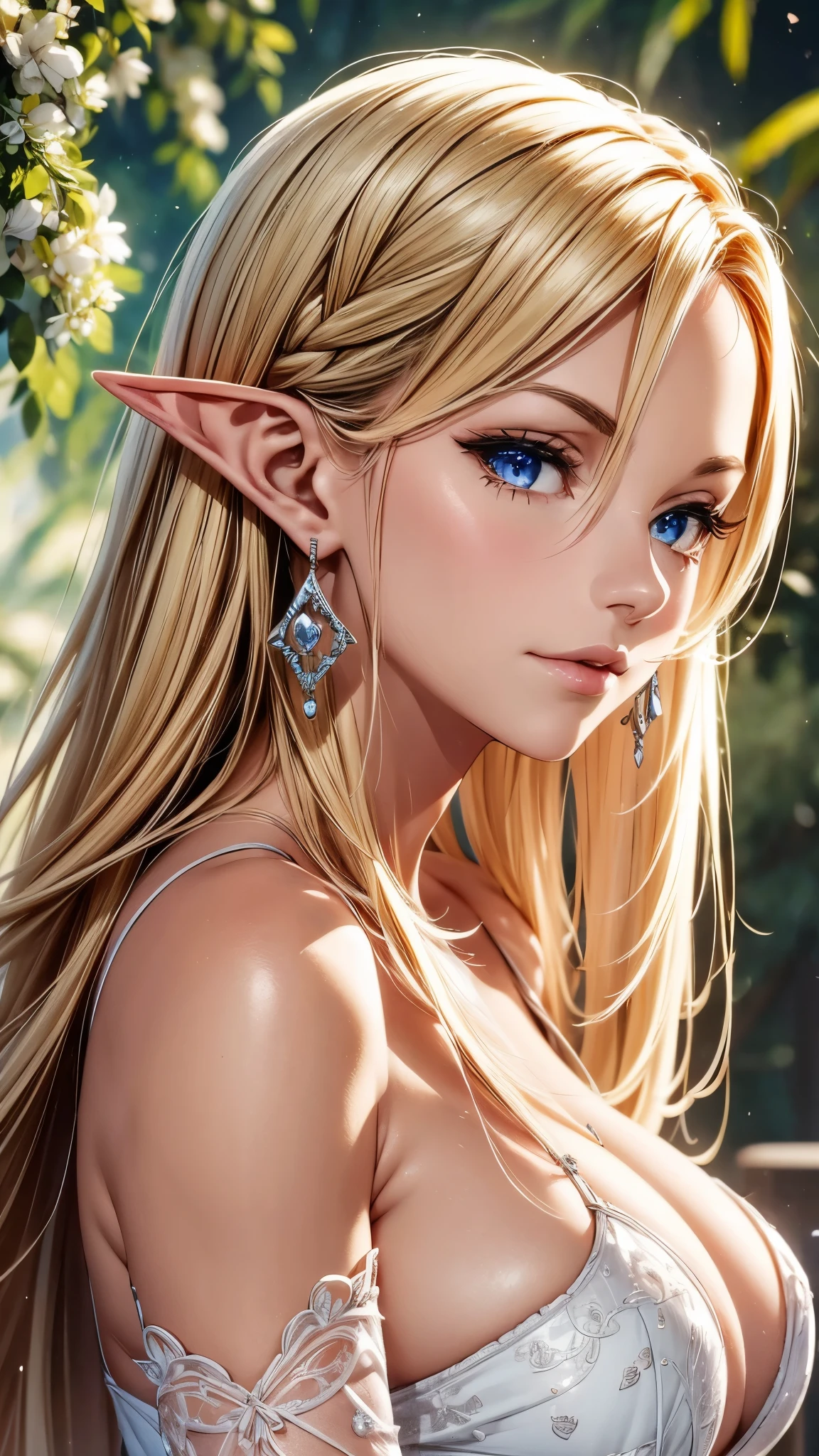 1 girl, Beautiful elf lady, begie blonde Long straight hair, upturn elf pointy ears, sexy figure, perfect breast, charming cleavage, very beautiful face, detailed face, delicate eyes, detailed pupil, beautiful and delicate lips, pale skin, Serious, arrogant, absurd, White gorgeous detailed dress, royalties, celebration, elegant, Noble, Bare shoulders, small crystal earrings, hand drawn animation, high detailed, palace banquet hall, symmetrical clothes, best quality, masterpiece, Fair, Octane Render