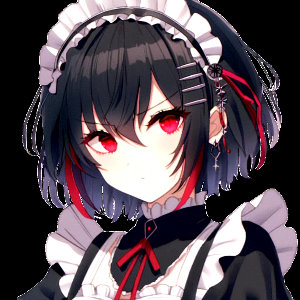 uma mulher com cabelos blackws e olhos vermelhos usando um vestido blackw e branco, portrait gapmoe yandere grimdark, anime girl in a housekeeper costume, gapmoe yandere grimdark, anime moe art style, gothic housekeeperen anime girl, housekeeper outfit, blackw, gapmoe yandere, yandere, will tear the fallen blood, yandere intricate, housekeeper