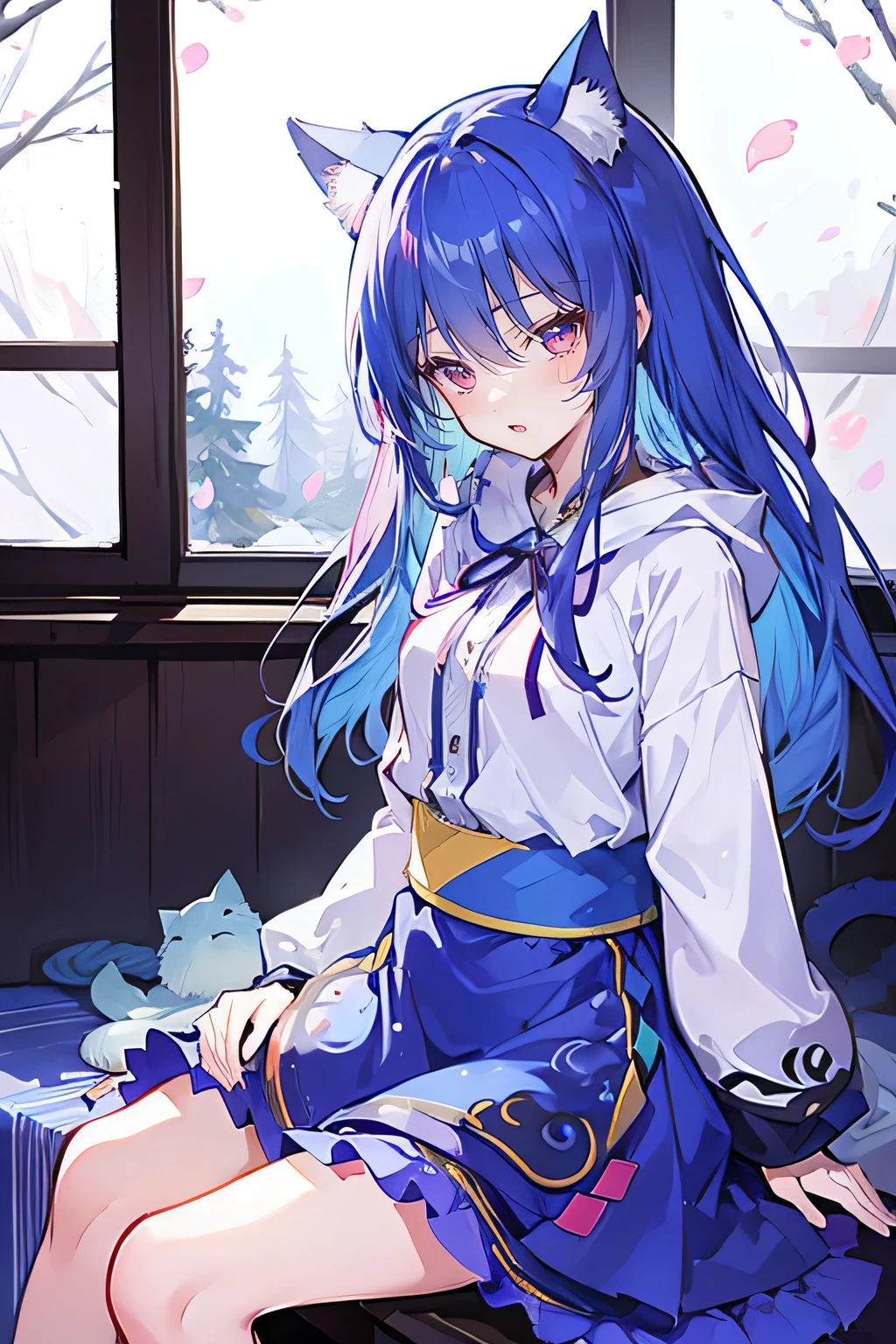 (masterpiece:1.2),Super detailed,lifelike,Expressive eyes,fair skin,perfect face shape,1 girl,
Japanese comics,Gorgeous blue hair,flowing blue hair,flowing clothes,Cat ears,Petals fall,beautiful lola,Baby Angel,
Shaking head with one hand,Cross your legs,Gentle and peaceful background,The pavilion is cool and comfortable,smile, wearing hoodie, In front of the window,snowing