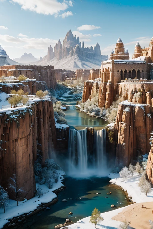 A realistic intricately detailed sci-fi high fantasy medieval kingdom in the middle of a beautifully sunlit snow desert Oasis featuring beautiful tall canopy trees blue sky with clear white clouds and water bodies like waterfalls and streams, featuring people walking around the streets of the busy civilization : aerial view Cinematic lighting, dynamic lighting, photography, ultra HD resolution, hyperealistic quality, realistic high details 