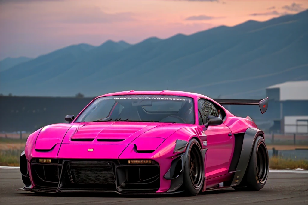 Supercar-forza game ready design, wide body, custom design build, cinematic, wide angle, studio light, tactical bodywork for supreme aerodynamics, (dirt neon grungy pink), broody and atmospheric, ominous sky, low light, vivid and gritty, retro futuristic sci-fi influences 