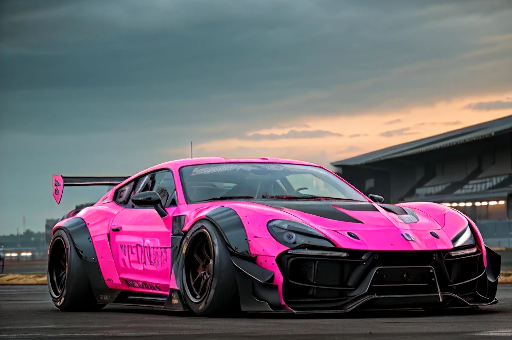 Supercar-forza game ready design, wide body, custom design build, cinematic, wide angle, studio light, tactical bodywork for supreme aerodynamics, (dirt neon grungy pink), broody and atmospheric, ominous sky, low light, vivid and gritty, retro futuristic sci-fi influences 