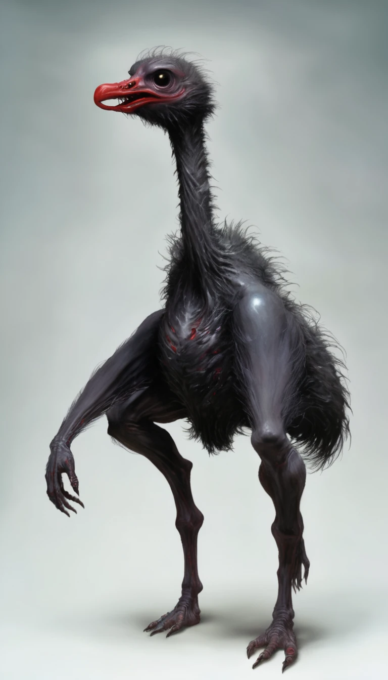 Creepy and scary creature designs、He has a fat, weird body.、Hands and feet with sharp claws、There are eyes on the face、Blood is dripping from his mouth、Darken overall、Has a frightening appearance、It appears in horror and suspense stories.、Symbolizing the fear of the unknown、A rotten, deformed mass is tangled at his feet.、Looks like an ostrich