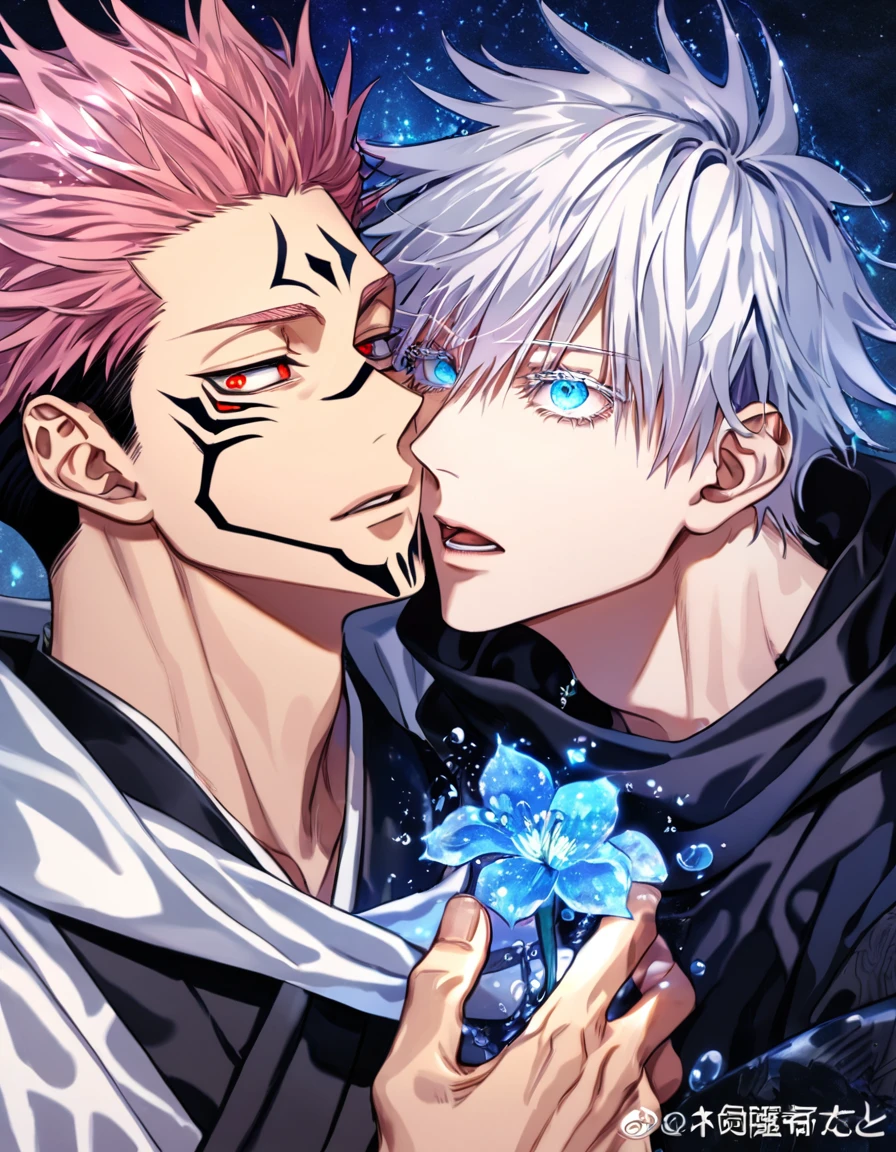 absurdres, highres, ultra detailed, HDR, master piece, best quality, extremely detailed, Ryoumen Sukuna, pink hair, expressive red eyes, Jujutsu Kaisen, Gojou Satoru, white hair, expressive blue eyes, two sexy men together, yaoi, gay couple, handsome, white haori, black scarf, black kimono, fantasy, magic, water, sparkling, blue glittering fireflies, blue moon, blue blossoms, blue flowers, blue sparkling lights, starry sky