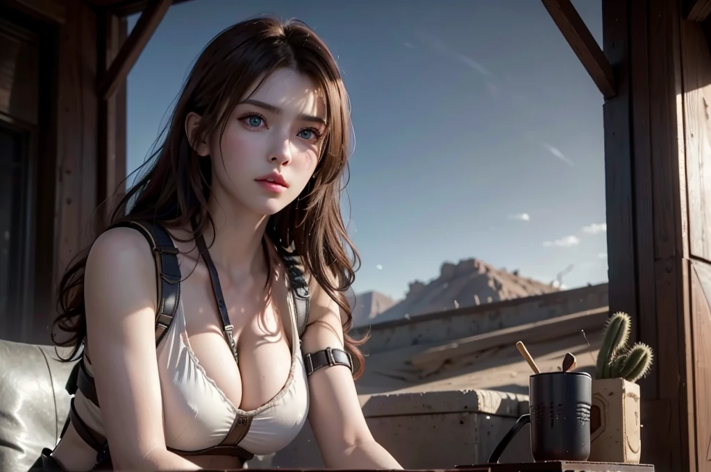super fine illustration, ultra high resolution, masterpiece, highest quality, perfect lighting, detailed lighting, dramatic shadow, ray tracing, 1 Femail warrior, solo, cute face, Big breasts, exposed cleavage, beautiful detailed hazel eyes, sharp face, clear eyes, long bang, ((medium curly hair:1.2)), blonde hair, ((post-apocalyptic fiction)), ((desert:1.2)), ((desert battle suit)), ((military harness)), world of the Mad Max, Resident Evil Series, full body, from below,