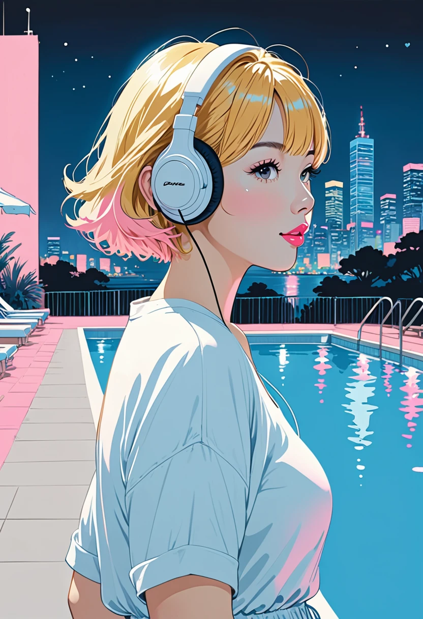 A Graffiti style close-up painting of a cool Japanese woman with pixie cut golden hair and light full pink lips, wearing casually with plump body, headphones on, enjoying music and walking away from a swimming pool with cityscape in background, on summer night, using a limited color palette of black, white and blue