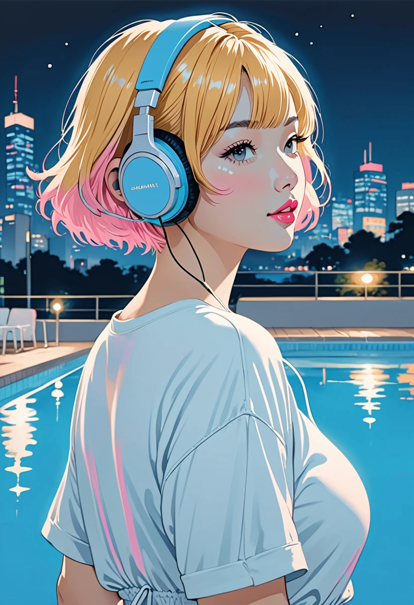 A Graffiti style close-up painting of a cool Japanese woman with pixie cut golden hair and light full pink lips, wearing casually with plump body, headphones on, enjoying music and walking away from a swimming pool with cityscape in background, on summer night, using a limited color palette of black, white and blue