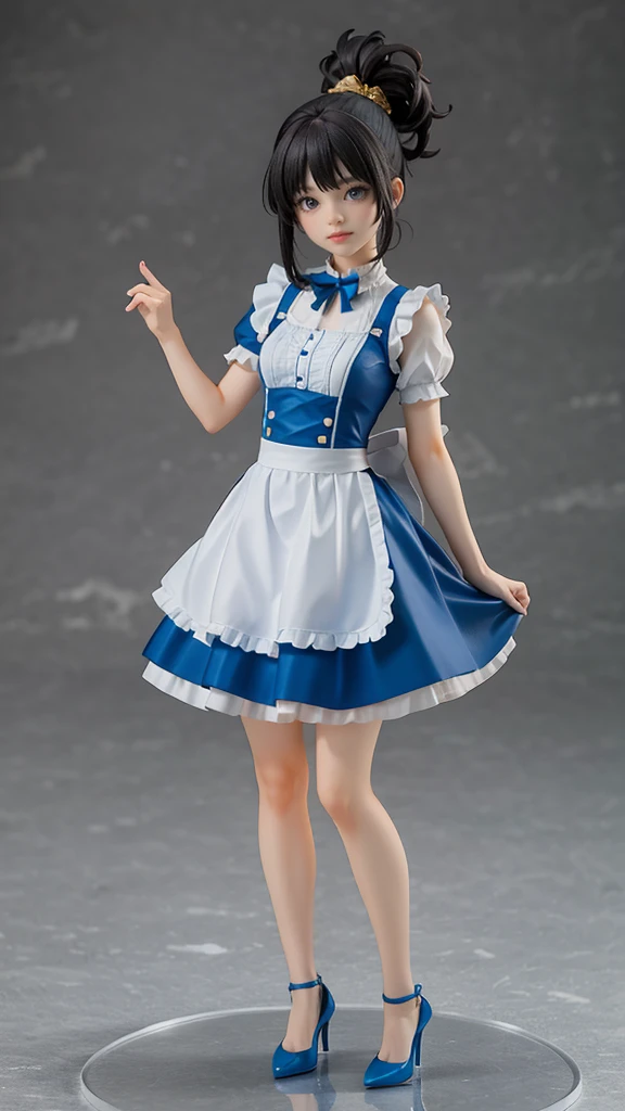 A realistic, high-detailed, full-body render of an anime-style girl in a vibrant blue and white maid outfit with gold accents. She has long black hair tied in a high ponytail, expressive blue eyes, and a cheerful expression. The outfit includes a short-sleeved top with ruffles, a layered skirt, and matching blue heels. The background is a neutral, slightly textured grey.