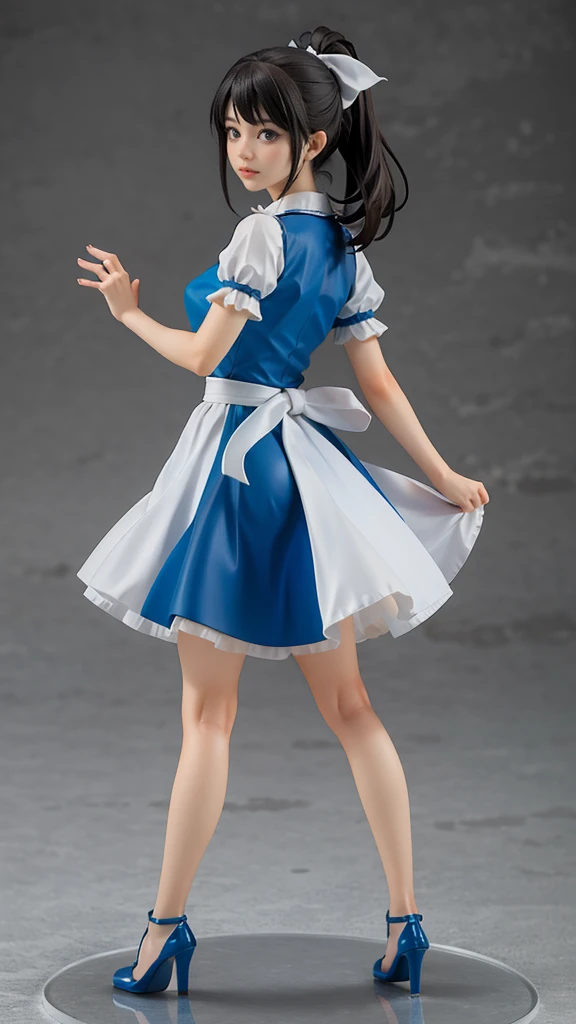 A realistic, high-detailed, full-body render of an anime-style girl in a vibrant blue and white maid outfit with gold accents. She has long black hair tied in a high ponytail, expressive blue eyes, and a cheerful expression. The outfit includes a short-sleeved top with ruffles, a layered skirt, and matching blue heels. The background is a neutral, slightly textured grey.