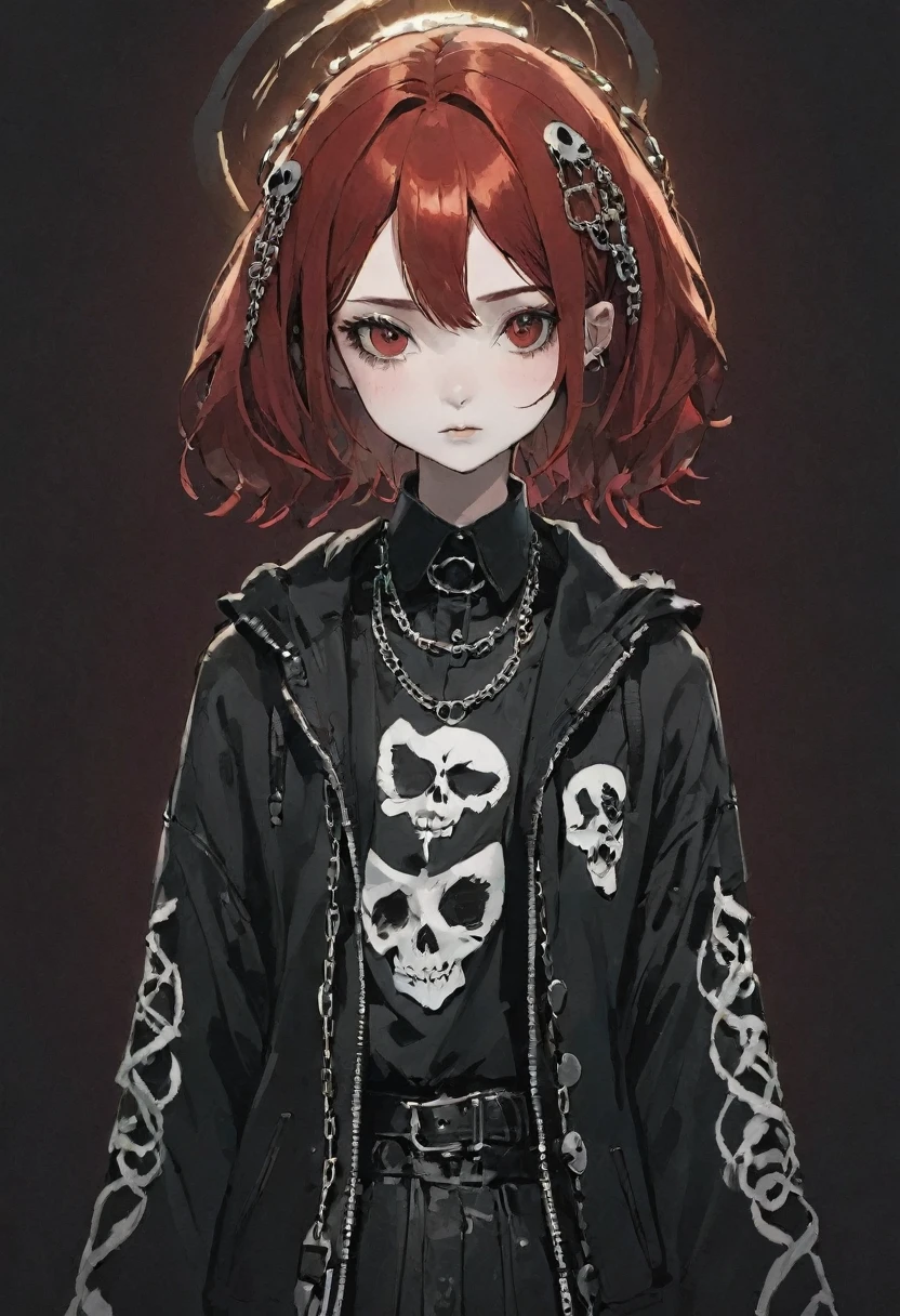 16-year-old punk girl, six heads tall, red hair, black and white outfit, chains, skulls, spooky cute, dark red background, manga style, gothic, edgy, black halo, charming expression, illustration, Halloween vibes, clear outlines, Halloween logos, designed text, stylish poster appearance