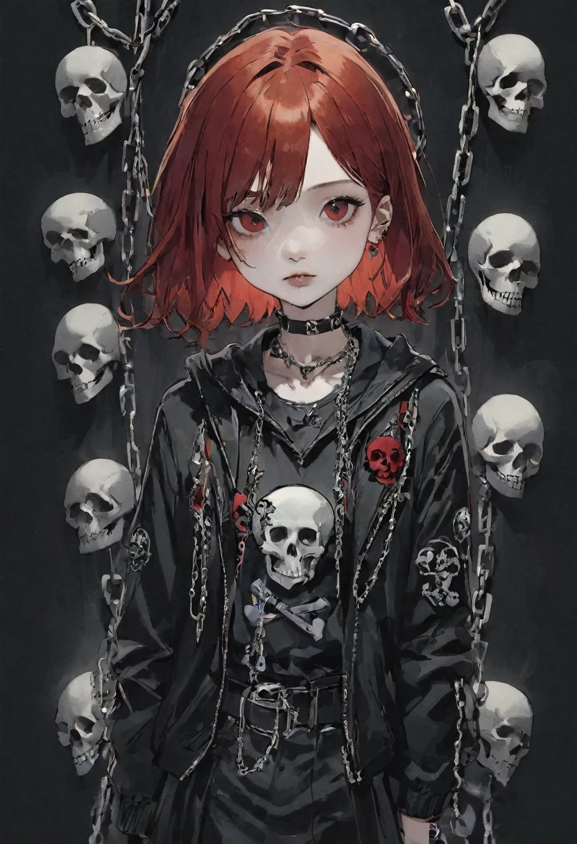 16-year-old punk girl, six heads tall, red hair, black and white outfit, chains, skulls, spooky cute, dark red background, manga style, gothic, edgy, black halo, charming expression, illustration, Halloween vibes, clear outlines, Halloween logos, designed text, stylish poster appearance