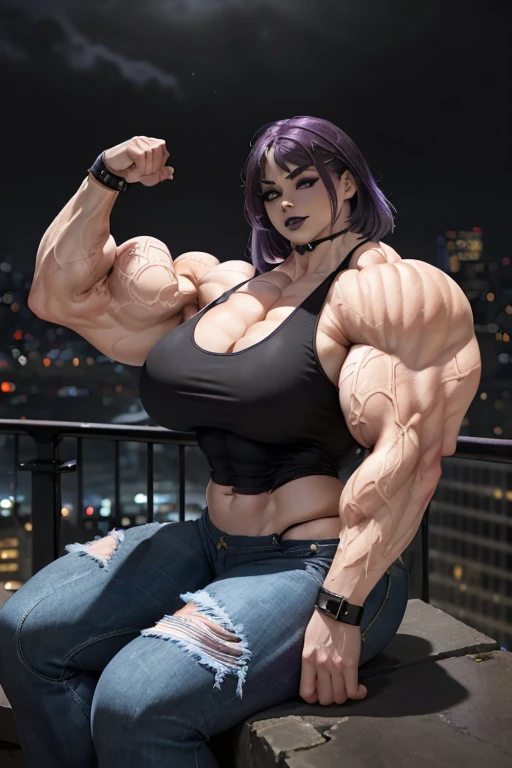 (((((Massive, beautiful, buff, pale white skinned muscular woman with violet purple hair, black lipstick, ginormous bulky muscles, sitting on a ledge flexing and wearing a black tank top with tight denim jeans))))), (close view), massive muscles, hyper muscles, long hair with long bangs, ((black leather tank top)), black eyes, (spiky gauntlets), choker, ((tight denim jeans)), black boots, (in the Darkened city), (Dark and moody universe:1.4), closed smile, night,