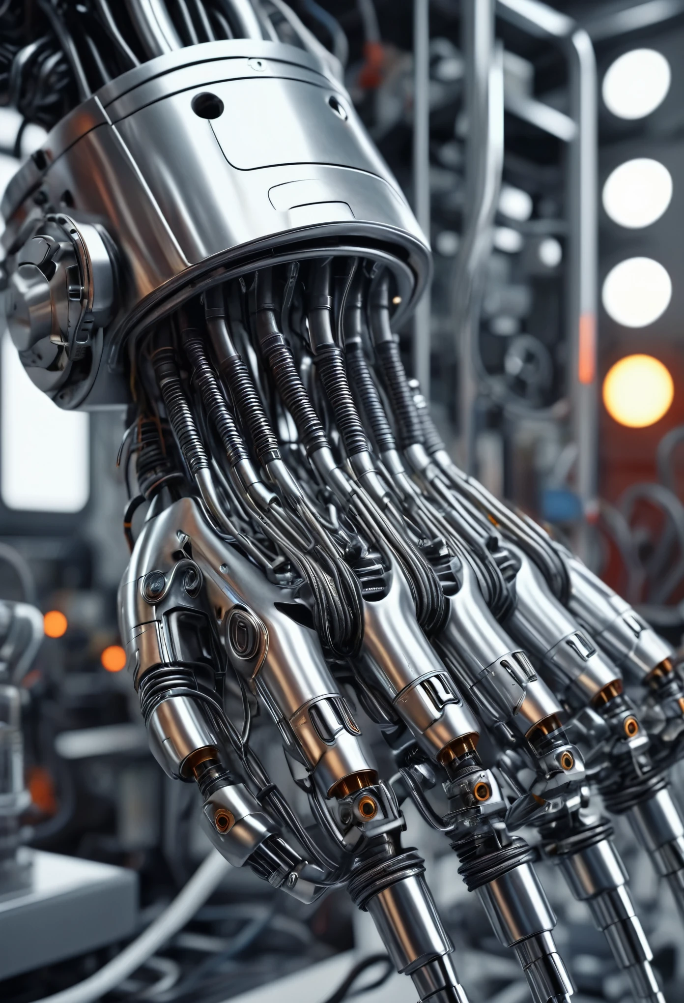 metal cyborg robotic hand in close-up, cables tubes, it is in a high-tech retro-Soviet style laboratory, cables, tubes and machines, Ultra detailed, hyperrealistic, 4k, Ultra detailed image, realistic, Highly detailed, perfect composition, splendid, Intricately detailed, Incredibly detailed, 8 k artistic photography, hyper detailed, Masterpiece, Ultra detailed, hyper realistic, 4k, Ultra detailed image, realistic, Highly detailed, perfect composition, splendid, Intricately detailed , Incredibly detailed, 8 k artistic photography, hyper detailed , Masterpiece