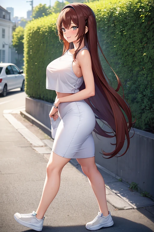 1girl, woman wearing white t-shirt tied, tight midi pencil skirt black, long length pencil skirt, long brown hair, looking at viewer, full body, walking, smile, blush, sneakers, socks, large bust, boob jiggle, garden, summer, sweat, wearing sweatband