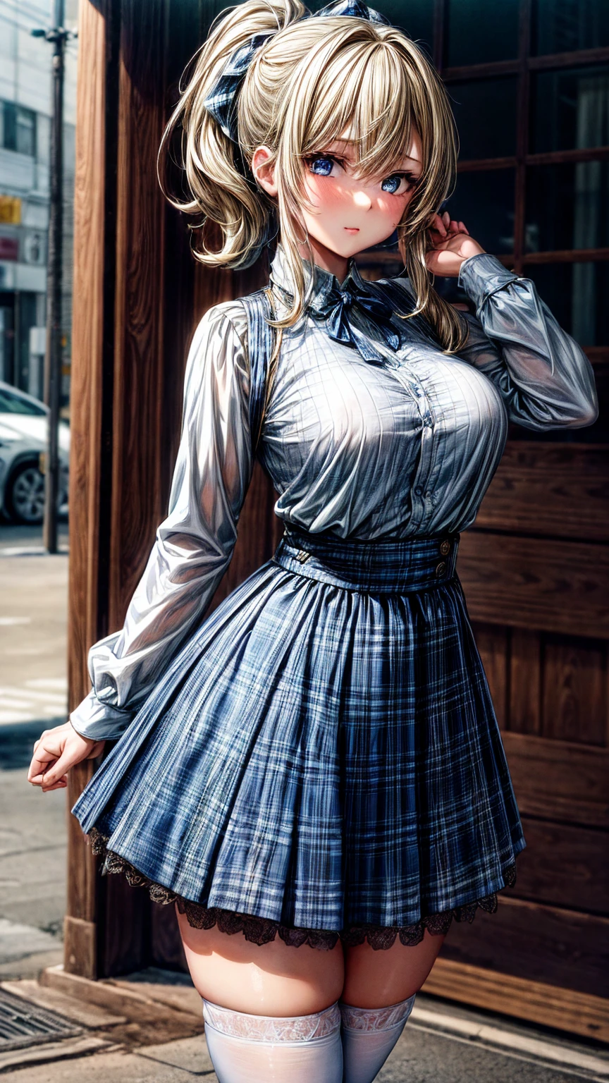1girl,masterpiece,best quality,blonde hair,(ponytails),blue eyes,(white lace stockings),(dark blue plaid skirt),short skirt,standing,in full length,medium breasts,white t shirt,in front of streets,extremely detailed,[[realistic]],beautiful alluring anime ,seductive anime girl,waving skirt