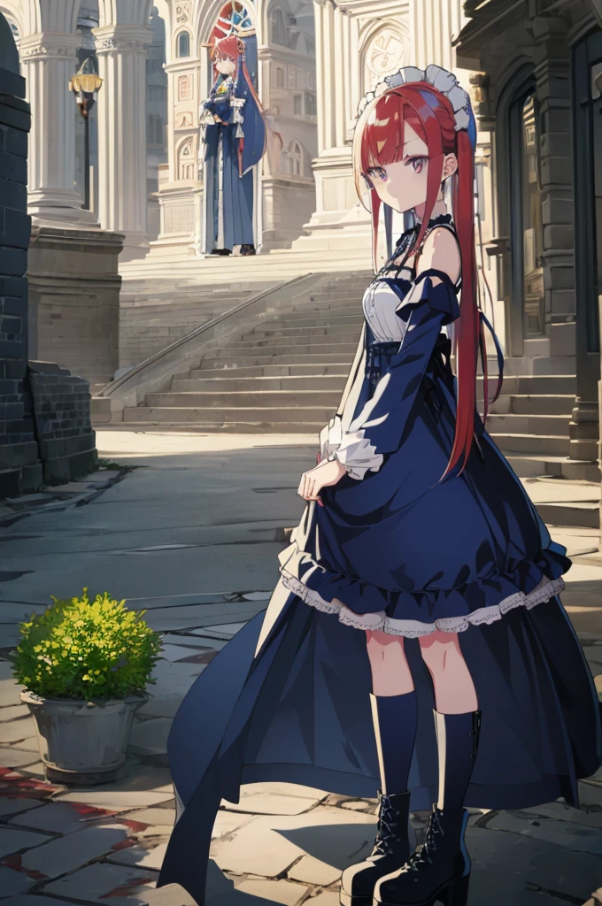 [(cathedral background:1.4)::5],original,(illustration:1.1),(best quality),(masterpiece:1.1),(extremely detailed CG unity 8k wallpaper:1.1), (colorful:0.9),(mid shot:0.95),(full body:1.5),Dynamic angle,(solo:1.2), (girl),((adult)), (detailed beautiful eyes:1.15), (beautiful face:1.15), (glowing red eyes:1.25////),((medium hair)),((split-color hair,red hair,blue hair)),(high twintails),(chignon),(+perfect hand+:1.21),(Draw an illustration of a gothic girl),(Religious),(slender),(is wearing boots on her feet),((is wearing white maid clothes)),(furious), Lace Off-shoulder lolita fashion,beautiful slender woman,high twintails,((split-color hair,red hair,blue hair)),((split-color hair,red hair,blue hair)),from side,((split-color hair,red hair,blue hair)),