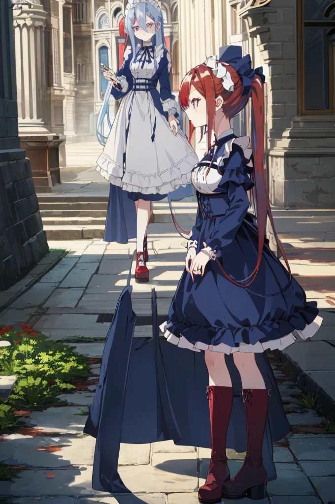 [(cathedral background:1.4)::5],original,(illustration:1.1),(best quality),(masterpiece:1.1),(extremely detailed CG unity 8k wallpaper:1.1), (colorful:0.9),(mid shot:0.95),(full body:1.5),Dynamic angle,(solo:1.2), (girl),((adult)), (detailed beautiful eyes:1.15), (beautiful face:1.15), (glowing red eyes:1.25////),((medium hair)),((split-color hair,red hair,blue hair)),(high twintails),(chignon),(+perfect hand+:1.21),(Draw an illustration of a gothic girl),(Religious),(slender),(is wearing boots on her feet),((is wearing white maid clothes)),(furious), Lace Off-shoulder ta fashion,beautiful slender woman,high twintails,((split-color hair,red hair,blue hair)),((split-color hair,red hair,blue hair)),from side,((split-color hair,red hair,blue hair)),