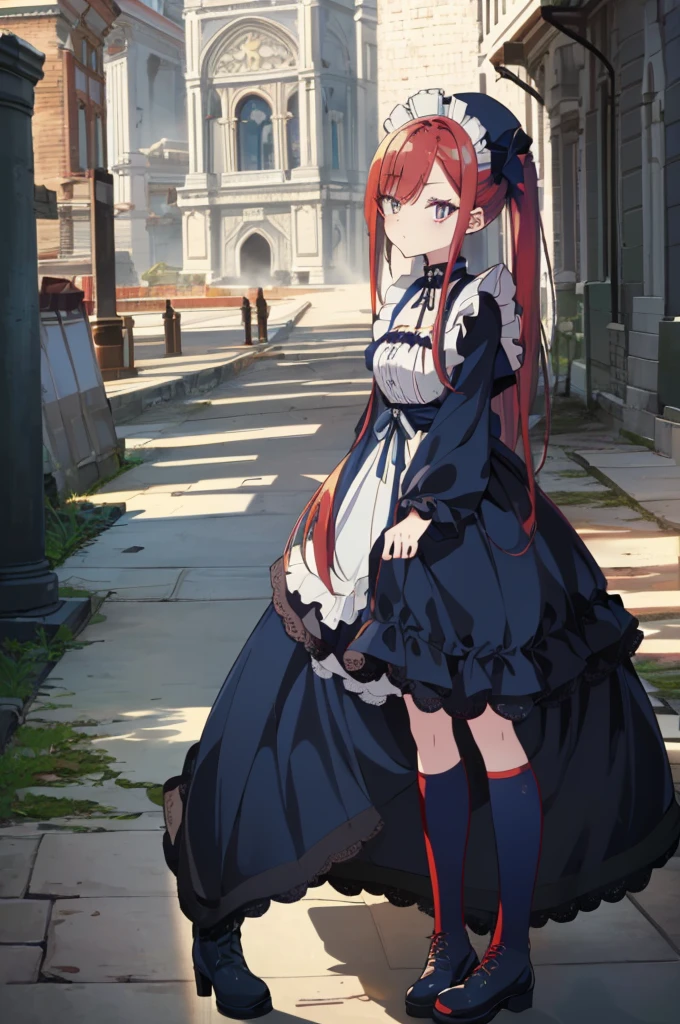 [(cathedral background:1.4)::5],original,(illustration:1.1),(best quality),(masterpiece:1.1),(extremely detailed CG unity 8k wallpaper:1.1), (colorful:0.9),(mid shot:0.95),(full body:1.5),Dynamic angle,(solo:1.2), (girl),((adult)), (detailed beautiful eyes:1.15), (beautiful face:1.15), (glowing red eyes:1.25////),((medium hair)),((split-color hair,red hair,blue hair)),(high twintails),(chignon),(+perfect hand+:1.21),(Draw an illustration of a gothic girl),(Religious),(slender),(is wearing boots on her feet),((is wearing white maid clothes)),(furious), Lace Off-shoulder lolita fashion,beautiful slender woman,high twintails,((split-color hair,red hair,blue hair)),((split-color hair,red hair,blue hair)),from side,((split-color hair,red hair,blue hair)),