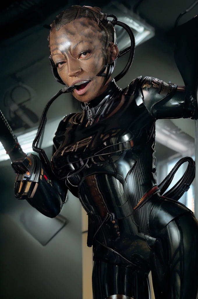 (tawny newsome:1.2), (black skin:1.2), (liquid metal girl
 sttldunf uniform:1.2), (Liquid Metal sttldunf uniform:1.2) being assimilated by board collective Borg, robotic, right arm, and right eye
ballgag, leather catsuit, belt, lying, prisoner, (best quality,4k,8k,highres,masterpiece:1.2),ultra-detailed,(realistic,photorealistic,photo-realistic:1.37),dark moody lighting,dramatic chiaroscuro,cinematic, (portrait:1.2)