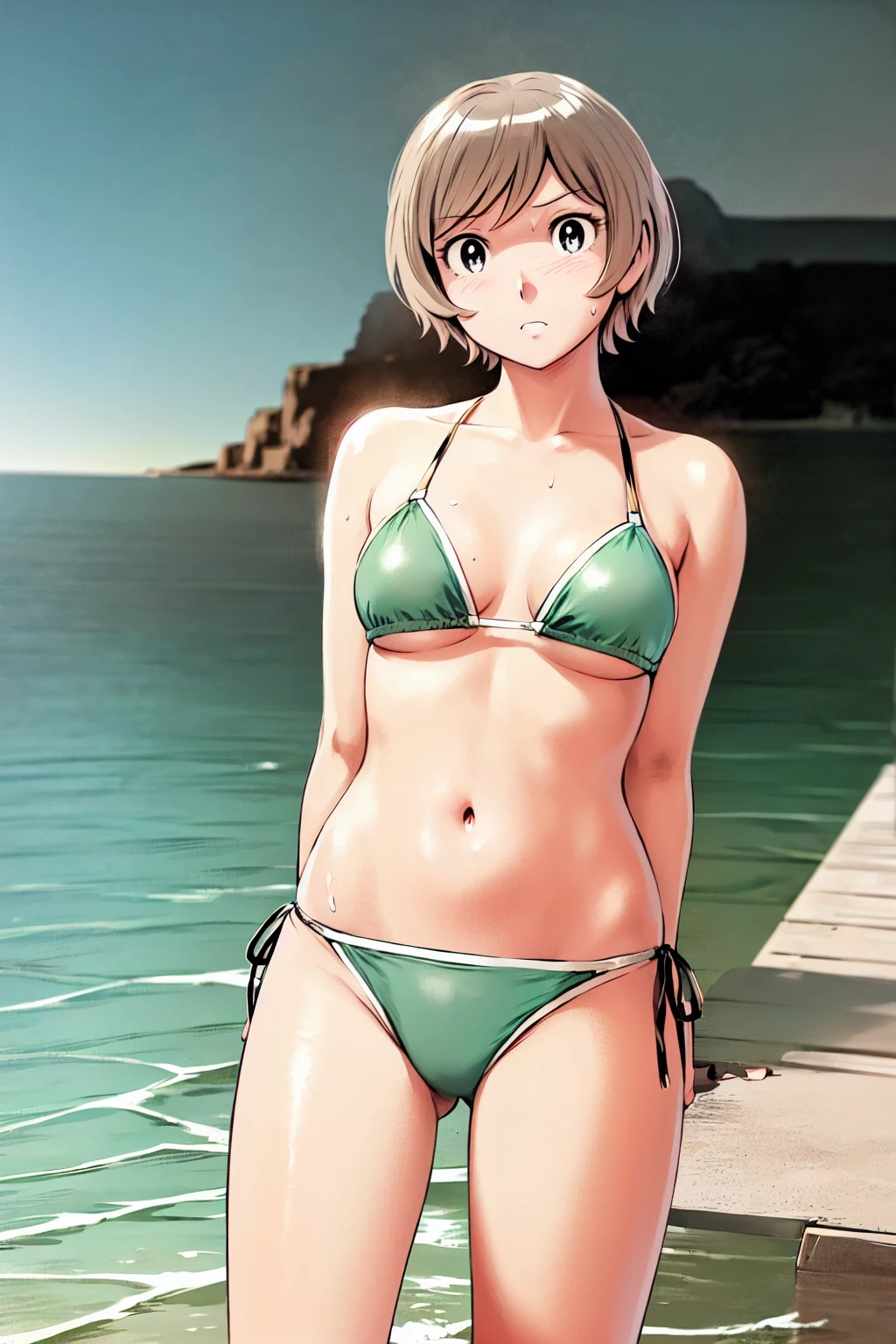 、(masterpiece、Highest quality)、Highest quality, Ultra-high resolution, (((masterpiece))), alone, Sweat、Big eyes, Composition from the front、Shortcuts、Embarrassed face、Bronze colored hair、Cut your hair short、Ocean、beach、Black Micro Bikini、belly button、short hair