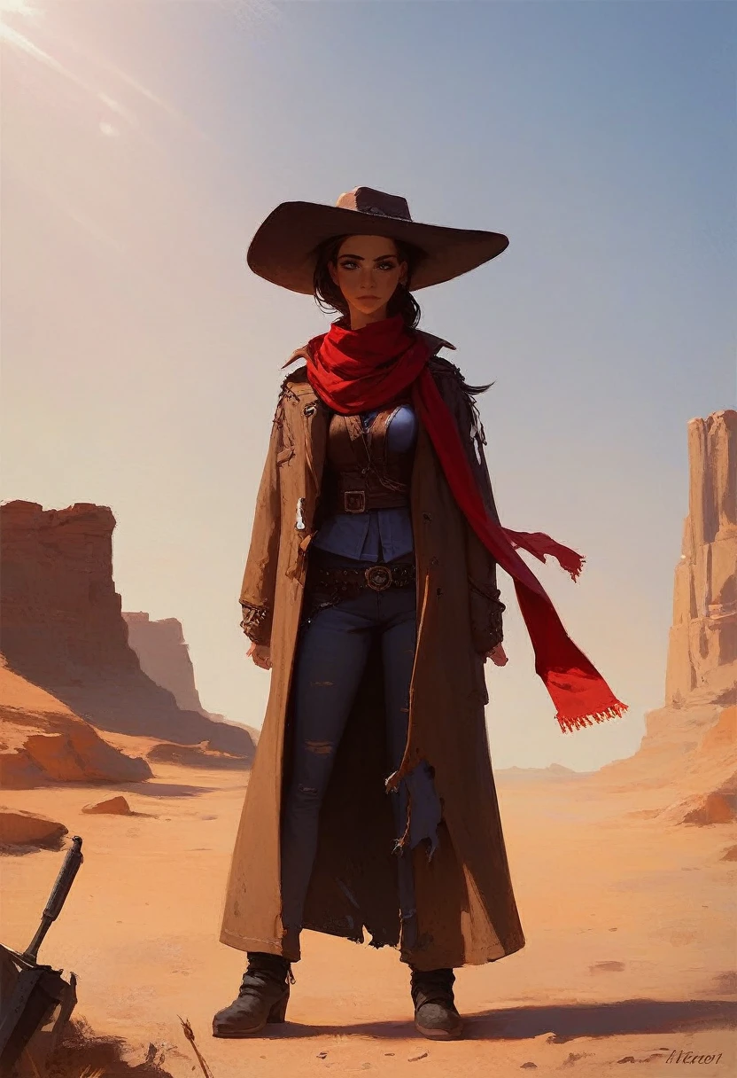 score_9, score_8_up, score_7_up, 1girl, cowboy girl wearing long brown torn coat, red scarf, hat, bandolier, desert, sunlight