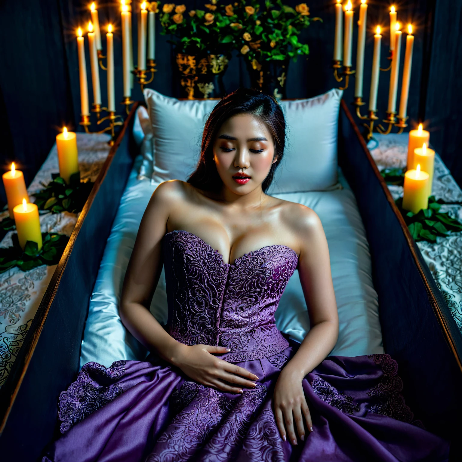 In a striking 8K HDR scene, a stunning Korean woman, 22 years old, lies peacefully in a black coffin surrounded by plush pillows. The deep box is set against a rich black background, accentuating the beauty of the subject. Her exquisite deep-V neckline kebaya attire is embroidered with superb detail, showcasing her round and firm breasts, perfect cleavage, and beautiful eyebrows. Her closed eyes and mouth give an air of serenity, while her visible and absolute cleavage leave nothing to imagination. The scene is bathed in saturated colors, highlighting every intricate aspect from the ball skirt to her clean face, straight body, detailed hand perfect hands, straight body, own hands together, own hand on stomach, detailed hands, perfect hands.