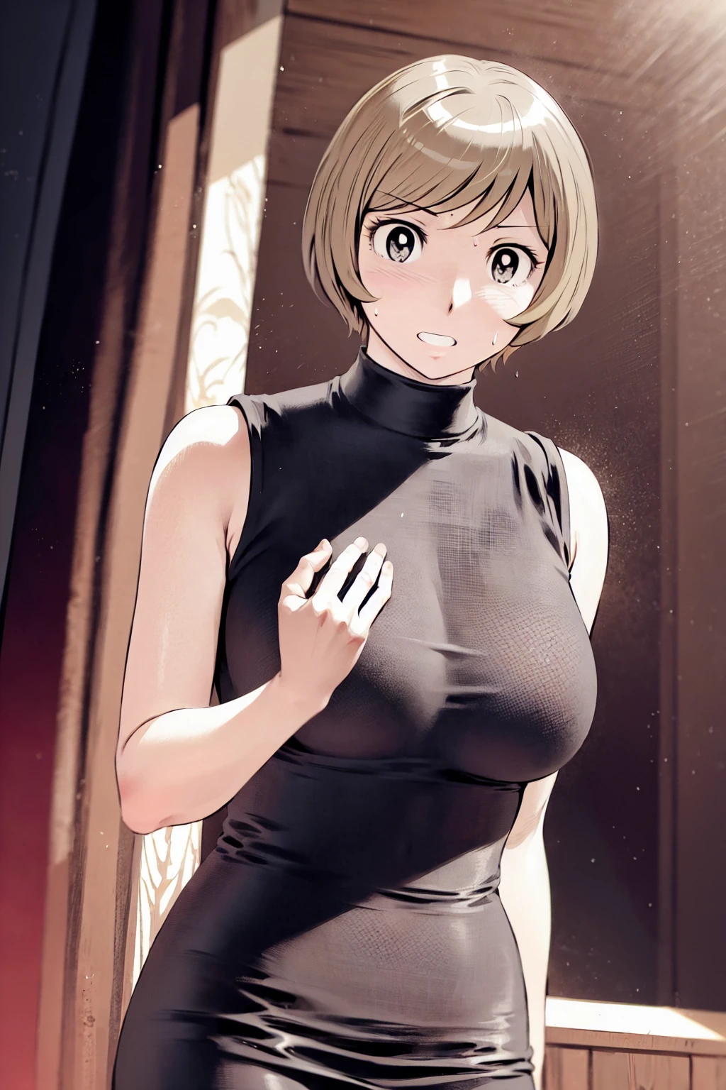 、(masterpiece、Highest quality)、Highest quality, Ultra-high resolution, (((masterpiece))), alone, Sweat、Big eyes, Sleeveless、Outdoor、Floral Dress、turtleneck、Tight clothing、skirt、Composition from the front、(後ろCut your hair short、short hair、blonde、woman)、Shortcuts、Embarrassed face、Cut your hair short、可愛いwomanの子、Big Breasts