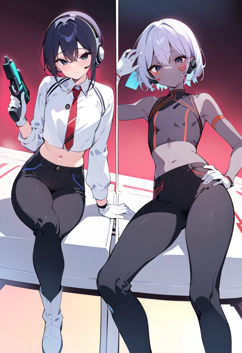 score_9, score_8_up, score_7_up, score_6_up, score_5_up, score_4_up, highest_quality, masterpiece, alien, androgynous, ambiguous gender, completely black eyes, light indigo skin, red and white clothing, white boots, black jodhpur pants, white gloves, red face markings, metal headset, no ears, four arms, energy pistol in right hand, tablet on left wrist