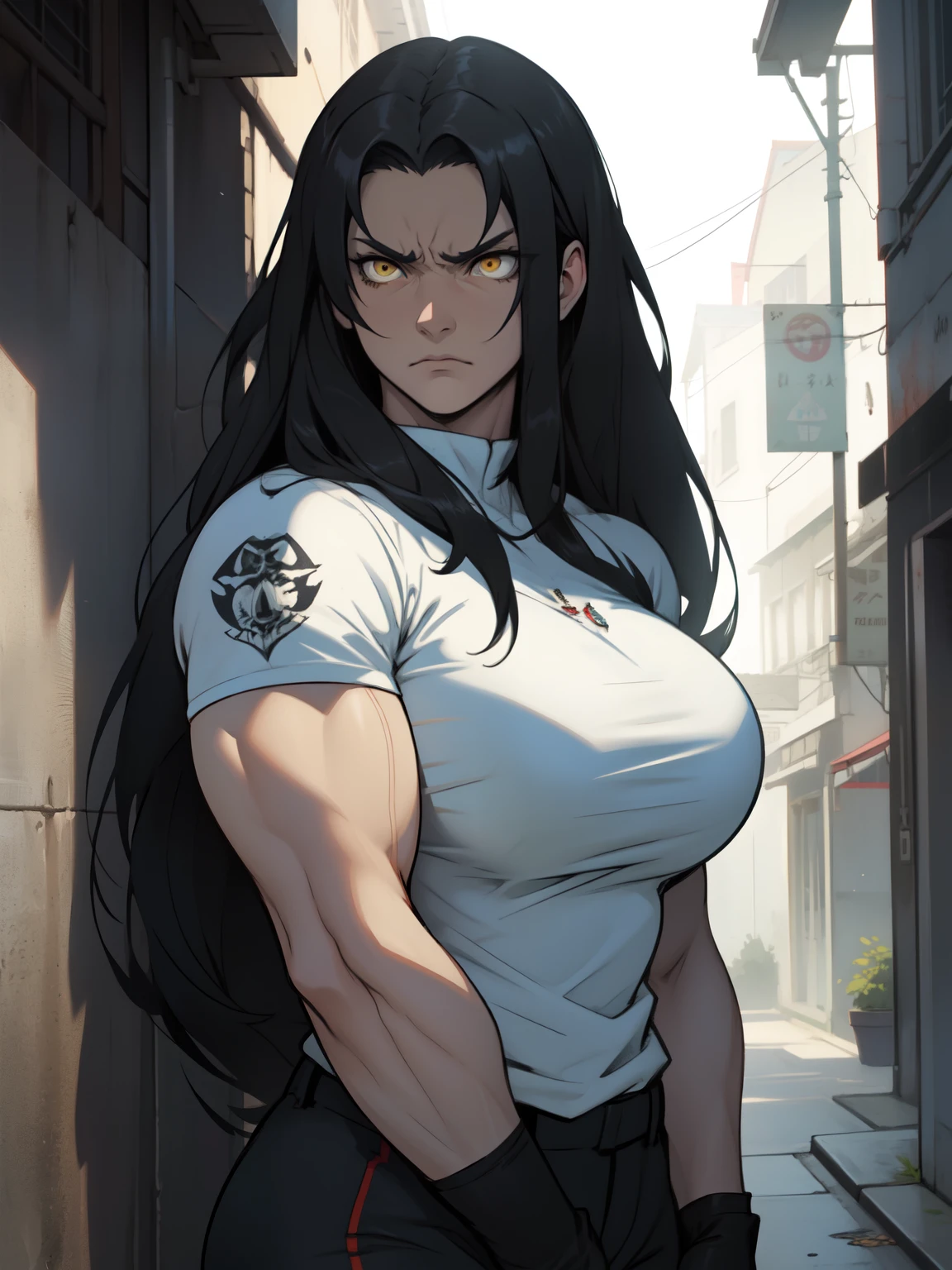 1 girl huge breasts black hair yellow eyes pale skin very long hair angry (((muscular)))