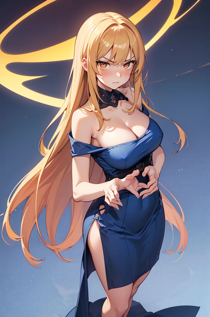 NSFW, 1Woman, ((best quality)), ((masterpiece)), (detailed), beautiful face, (((angry expression))), (defiance512:1.2), (((boob-length hairstyle))), (((blue dress outfit))), (((plain sky background))), big green eyes, ((blush cheeks)), evil grin dominant expression, (((standing dominant pose))), (((blonde hair colour))), (((bright glowing hypnotic brown eyes))), (((skinny figure))), intense seductive gaze, contrasting soft skin, (lighting:1.2), 4:3 aspect ratio, full body, medium-size concealed