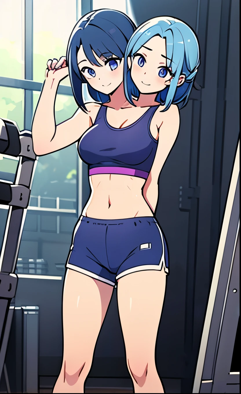 (masterpiece, best quality), best resolution, (2heads:1.5), 1girl, slender athletic, blue hair, indigo eyes, blue hot pants, purple sports bra, standing pose, happy, energetic, gym background