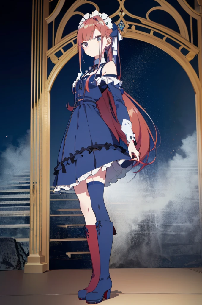 [(cathedral background:1.4)::5],original,(illustration:1.1),(best quality),(masterpiece:1.1),(extremely detailed CG unity 8k wallpaper:1.1), (colorful:0.9),(mid shot:0.95),(full body:1.5),Dynamic angle,(solo:1.2), (girl),((adult)), (detailed beautiful eyes:1.15), (beautiful face:1.15), (glowing red eyes:1.25////),((medium hair)),((split-color hair,red hair,blue hair)),(high twintails),(chignon),(+perfect hand+:1.21),(Draw an illustration of a gothic girl),(Religious),(slender),(is wearing boots on her feet),((is wearing white maid clothes)),(furious), Lace Off-shoulder lolita fashion,beautiful slender woman,high twintails,((split-color hair,red hair,blue hair)),((split-color hair,red hair,blue hair)),from side,((split-color hair,red hair,blue hair)),