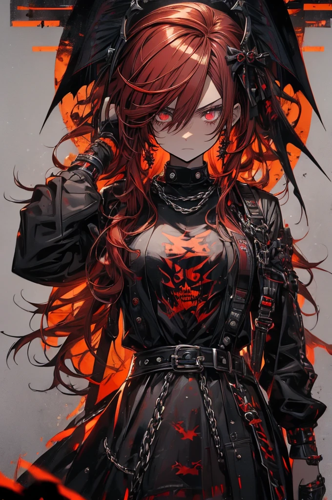 RAW Photos, Realistic, Ultra-realistic, -yeld pugirl, six heads tall, red hair, black and white outfit, chains, skulls, spooky cute, dark red background, manga style, gothic, edgy, black halo, charming expression, illustration, Halloween vibes, clear outlines, Halloween logos, designed text, stylish poster appearance, Highest quality, masterpiece, Ultra-high resolution, 8K