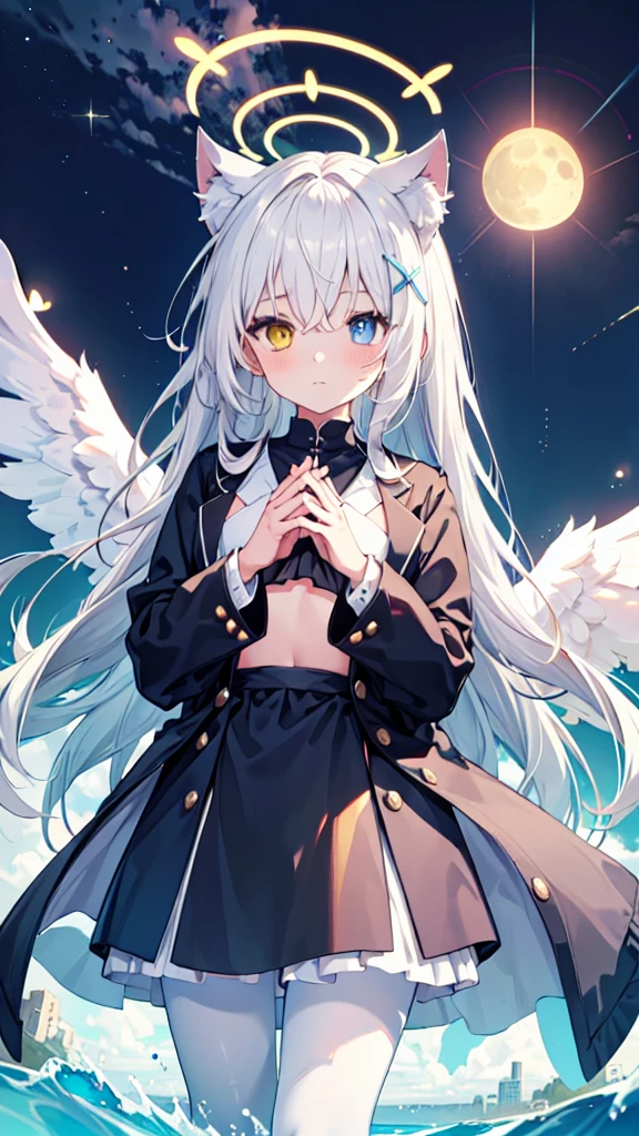 White hair,Long hair,Cat ear,Heterochromia blue-yellow,female face,There are bright spots in the eyes,Female hands,White little hands,Normal fingers,flat chest,Solitary,blue halo,On an island in the sky,Day and night mix,Angel Wings,White pantyhose,moon,Hands together