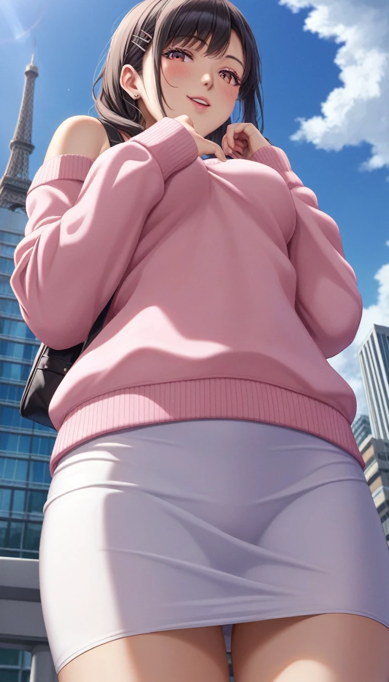 (8K, RAW Photos, Realistic: 1.25), woman takes a model photo underneath an Eiffel Tower-style tower, Detailed Tower Images, Five aerobatic contrails across the sky, From below:1.3, Black Hair, semi-long, stylish, tight knit sweater, Cut chest, Shoulder bag, Tight-fitting skirt, ((Clothes that accentuate sexy body lines)), Pie Rash, (Wallet strap between the chests), Straps attached to the bag, ((Shoulder bagのベルトが胸の谷間にたすき掛けで挟まれている)), woman&#39;The belt digs into my chest.、large breasts are emphasized, Looking down at the viewer, womanを優雅に撮影する&#39;Lower Body, ((woman&#39;From groin to thighs, Beautifully expresses the body line of the calf)), ((真From belowの表情で脚を細く長く見せる))