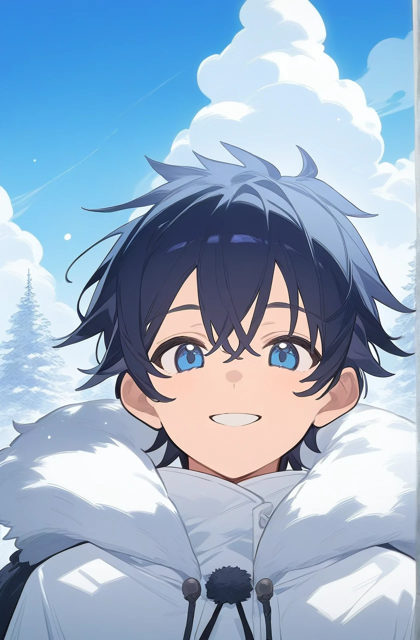 Warm winter clothes, best quality,1 boy ,Long dark blue hair, Light blue eyes,looking at viewer,half body, under the clear day sky,high resolution illustration,A full art illustration in a flat anime style An upper body portrait of this unique character, White northern clothing with fur, happy