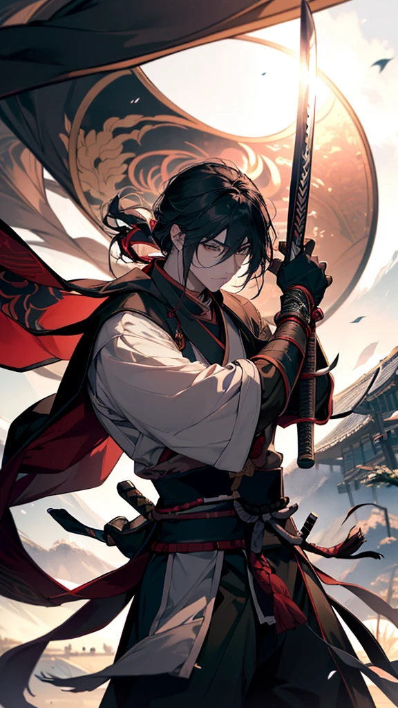 Arafed image of a man holding a sword in the air, warrior warrior, warrior, Works inspired by Kano Hogai, epic warrior warrrior, warrior style, inspired by Kanō Sanraku, japanese warrior, Japanese Warrior, Ronin, miyamoto musashi, Rurouni Kenshin, Swordsman
