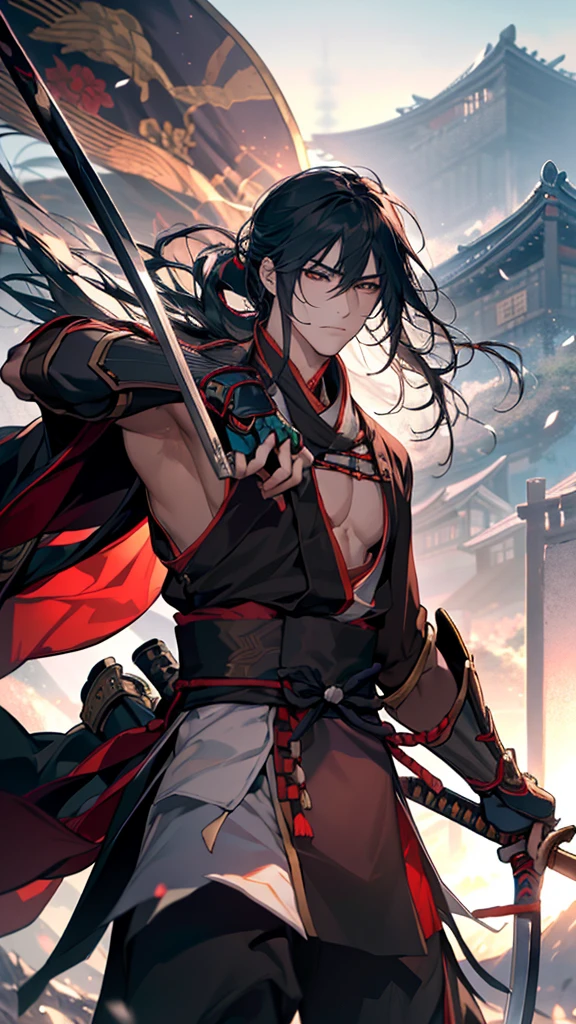 Arafed image of a man holding a sword in the air, warrior warrior, warrior, Works inspired by Kano Hogai, epic warrior warrrior, warrior style, inspired by Kanō Sanraku, japanese warrior, Japanese Warrior, Ronin, miyamoto musashi, Rurouni Kenshin, Swordsman