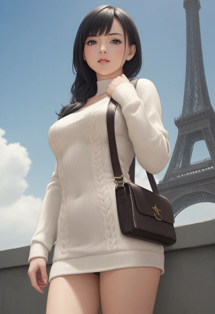 (8K, RAW Photos, Realistic: 1.25), woman takes a model photo underneath an Eiffel Tower-style tower, Detailed Tower Images, Five aerobatic contrails across the sky, From below:1.3, Black Hair, semi-long, stylish, tight knit sweater, Cut chest, Shoulder bag, Tight-fitting skirt, ((Clothes that accentuate sexy body lines)), Pie Rash, (Wallet strap between the chests), Straps attached to the bag, ((Shoulder bagのベルトが胸の谷間にたすき掛けで挟まれている)), woman&#39;The belt digs into my chest.、large breasts are emphasized, Looking down at the viewer, womanを優雅に撮影する&#39;Lower Body, ((woman&#39;From groin to thighs, Beautifully expresses the body line of the calf)), ((真From belowの表情で脚を細く長く見せる))