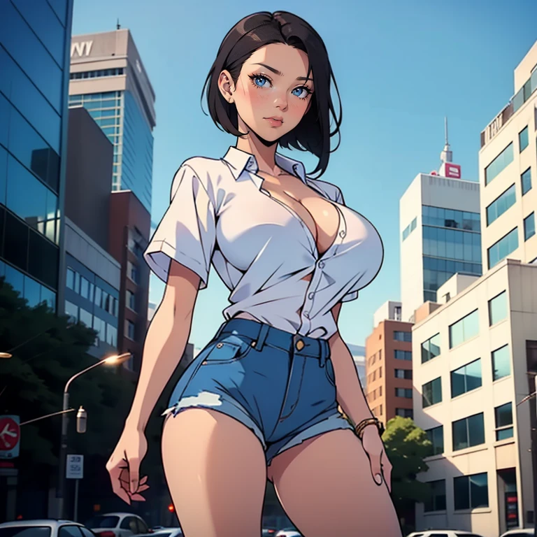 1 girl with short black hair and blue eyes, cleavage, and big breasts, wearing a plain white shirt, and denim shorts, in a city, looking at the viewer