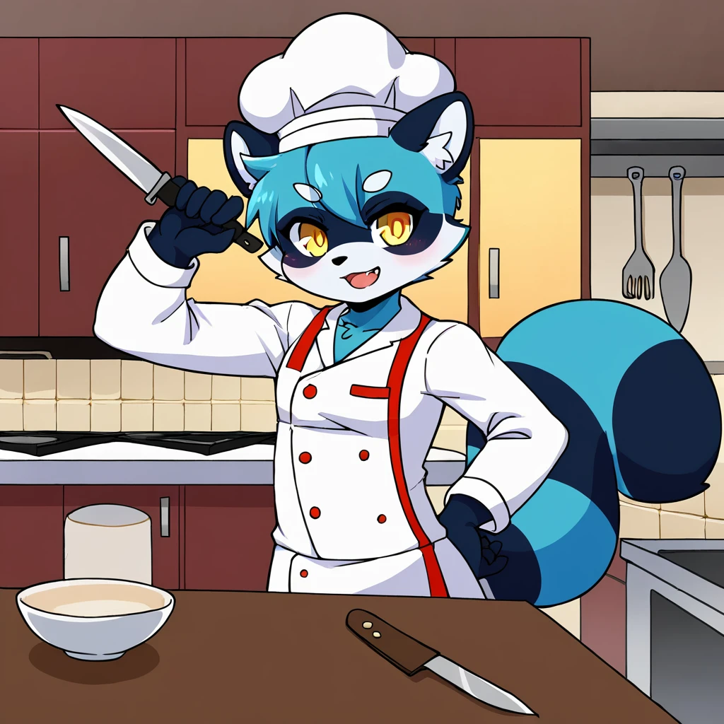 Masterpiece, fursona, raccoon, anthropomorphic, yellow eyes, dressed as a chef, knife, in a white kitchen, without a hat