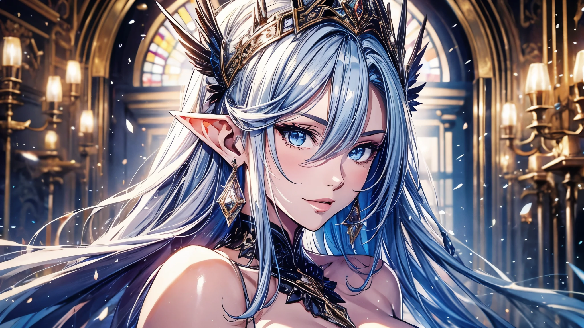 1 girl, Beautiful elf lady, begie blue Long straight hair, upturn elf pointy ears, sexy figure, charming cleavage, very beautiful face, detailed face, delicate eyes, detailed pupil, beautiful and delicate lips, pale skin, Serious, arrogant, absurd, gorgeous detailed dress, royalties, celebration, elegant, Noble, Bare shoulders, small crystal earrings, hand drawn animation, high detailed, palace banquet hall, symmetrical clothes, best quality, masterpiece, Fair,