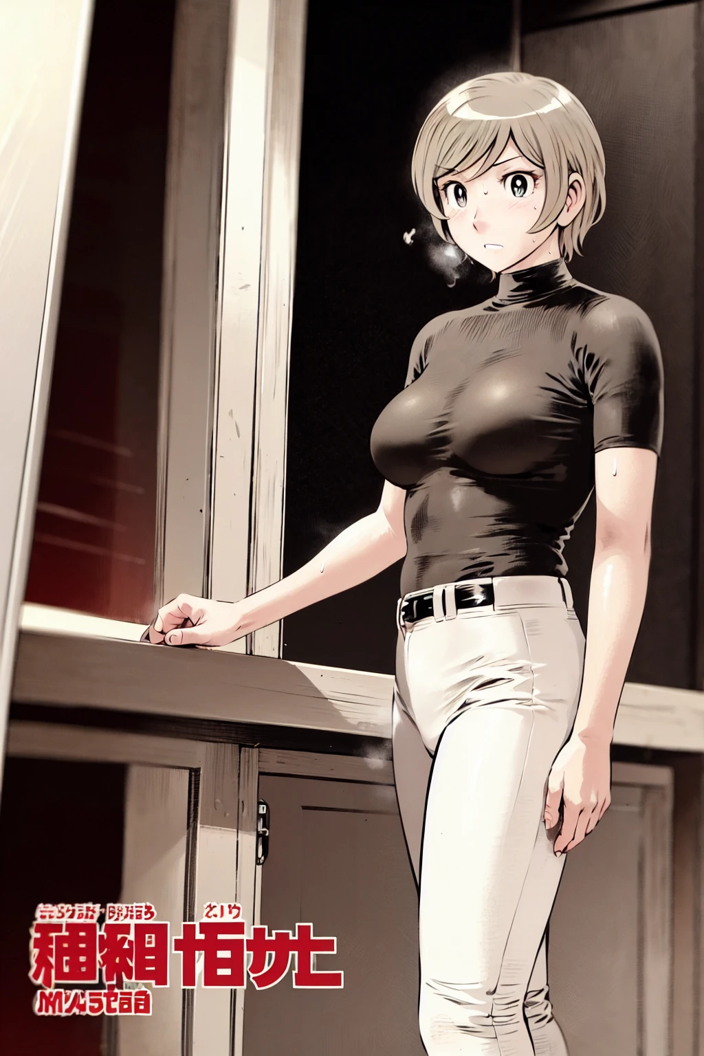 、(masterpiece、Highest quality)、Highest quality, Ultra-high resolution, (((masterpiece))), alone, Sweat、Big eyes,Tight black shirt、Tight white pants、belt、indoor、Composition from the front、(Cut the back hair short、short hair、blonde、woman)、Shortcuts、Embarrassed face、Cut your hair short、可愛いwomanの子、Big Breasts、office