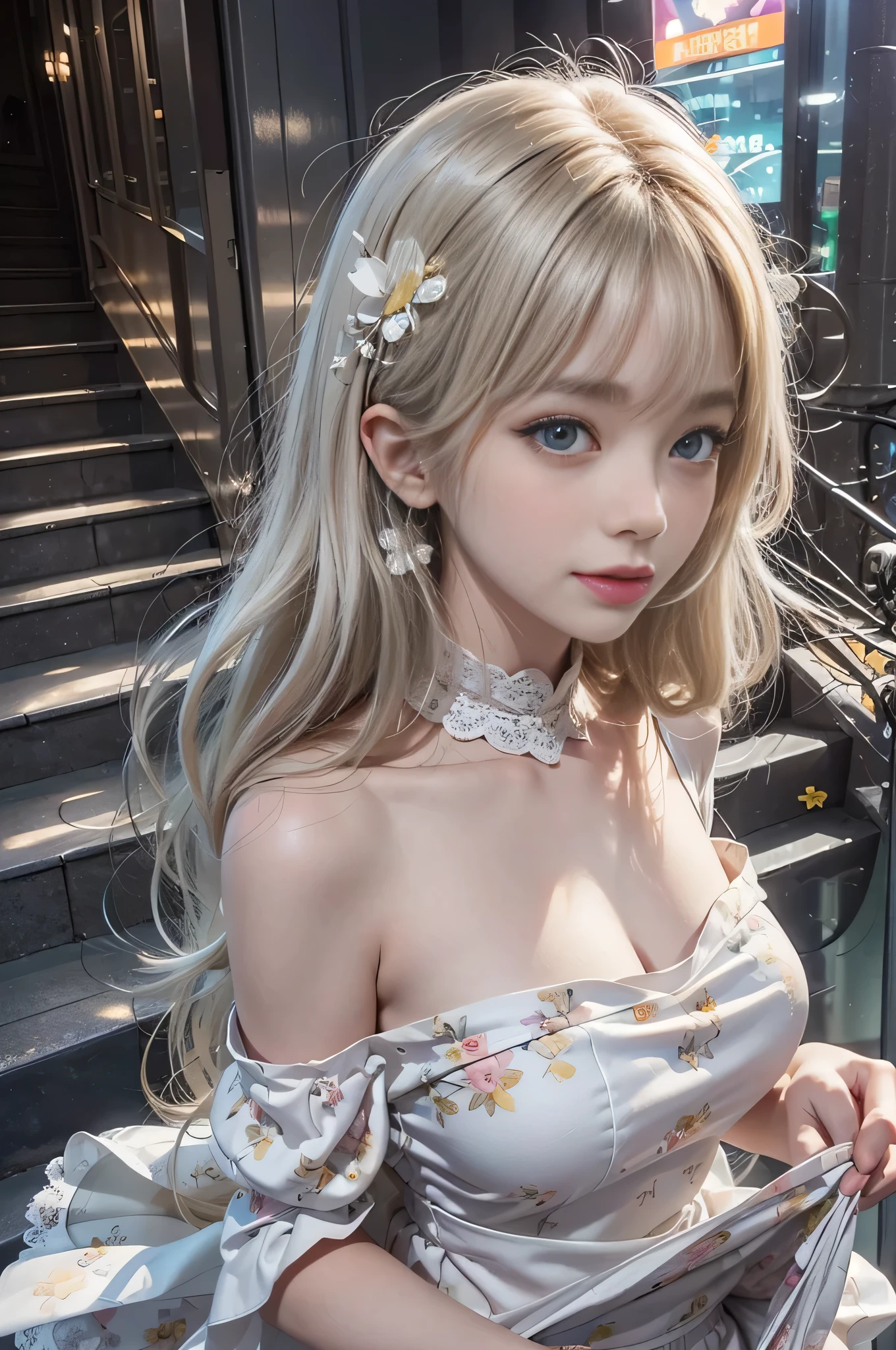 1girl in, Long hair, Straight hair, Sparkling eyes, PUPILS SPARKLING, longeyelashes, makeup, Smile, Modern, depth of fields, One-person viewpoint, POV, close-up, Wide Shot, ((From below)), ((wide angles)), F/1.8, 135 mm, canon, nffsw, retinas, ((A girl standing in front of the theater stairs))、 (Golden white hair)((A girl standing in front of the theater stairs))、((posterior view))、((Looks Back)),(portlate、bright expression、Young shiny shiny white shiny skin、Best Looks、ultimate beauty girl、The most beautiful platinum blonde hair in the world、shiny light hair,、Super long silky straight hair、Beautiful bangs that shine、Glowing crystal clear attractive blue eyes、Very beautiful nice cute girl、Lush bust、、 Silver hair, Bangs, Blunt bangs, Long straight hair, aqua eyes, longeyelashes, Solid Circle Eyes, makeup, Open mouth, blush, Parted lips, Bright pupils, smiley, Seductive smile, glint, surrealism, Modern、Black pantyhose、high-heelix4、((Pure white dress、Floral dress、、off shoulders、up skirt: 1.6))、Skyscrapers are hazy in the windows、((Skirt soars in the wind)),((Showing white lace panties)),((Raise the hem of the skirt with your hands))