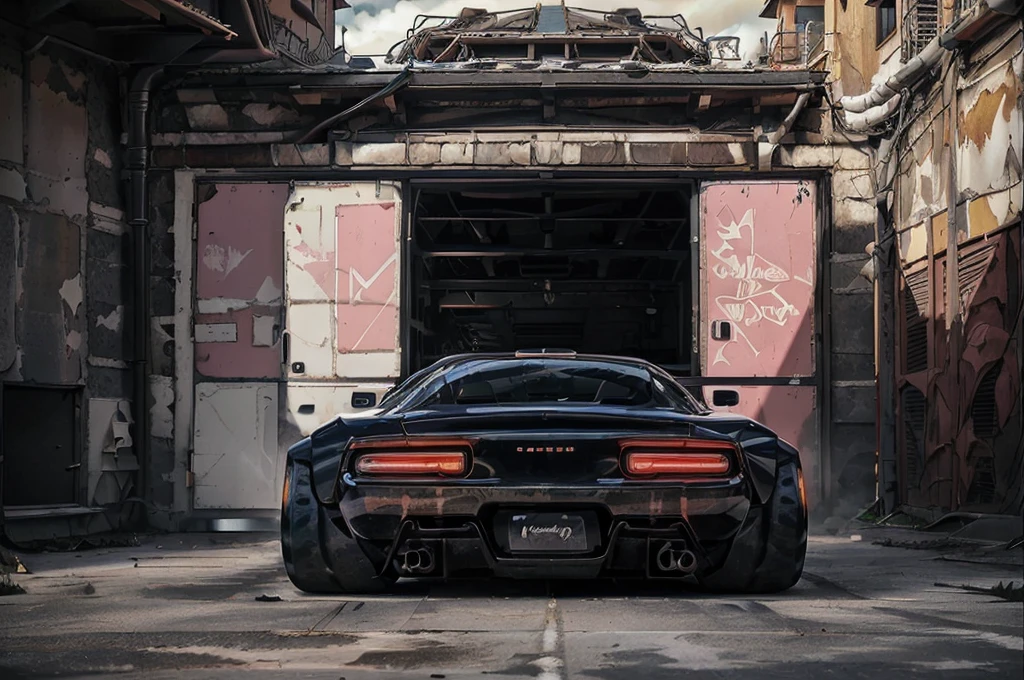 Supercar-forza game ready design, wide body, custom design build, cinematic, wide angle, studio light, tactical bodywork for supreme aerodynamics, (dirt neon grungy pink), broody and atmospheric, ominous sky, low light, vivid and gritty, retro futuristic sci-fi influences 